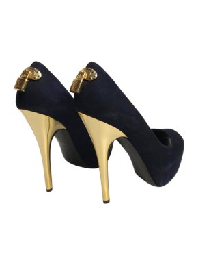 Louis Vuitton Blue & Gold Suede Padlock Pumps