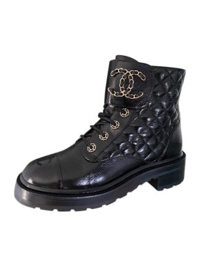 Chanel Black Quilted Leather CC Lace-Up Boots