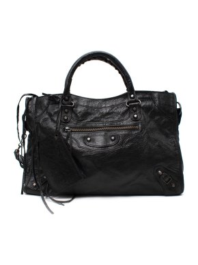 Balenciaga Black Distressed Leather Medium City Bag