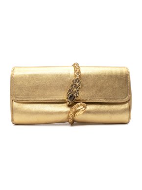 Roberto Cavalli Gold Leather Serpent Clasp Chain Clutch