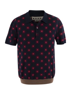 Marni Navy & Red Star Intarsia Knit Short Sleeve Polo