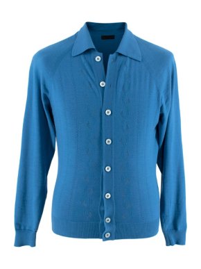 Prada Bright Blue Pointelle Collared Fine Knit Cardigan