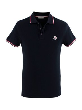 Moncler Navy Tricolour Trim Cotton Short Sleeve Polo Shirt