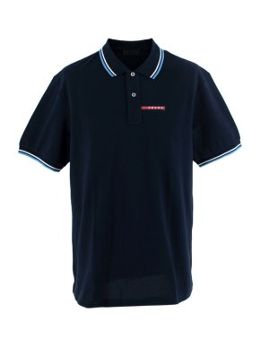 Prada Navy Cotton Pique Striped Collar Polo Shirt