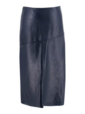 Celine Dark Indigo Leather Back Split Pencil Skirt