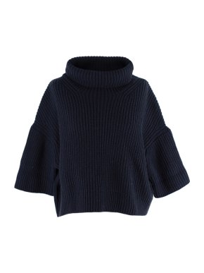 Yohjii Yamamoto Y's Navy Blue Wool Knitted Cropped Turtle Neck Jumper