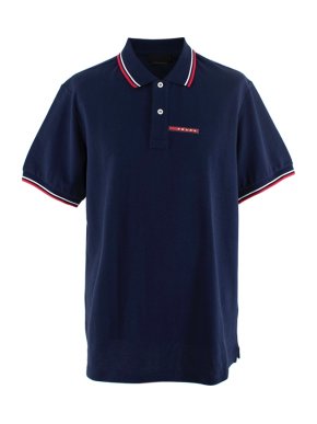 Prada Navy Blue Cotton Pique Contrast Trim Polo Shirt