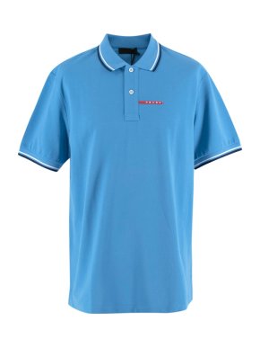 Prada Blue Cotton Pique Contrast Trim Polo Shirt