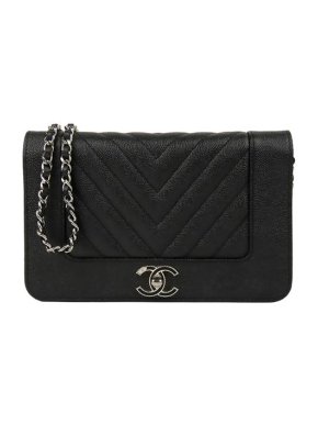 Chanel Black Chevron Leather Wallet on Chain