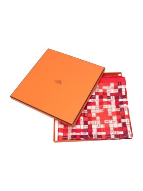 Hermes Red & Ivory Basketweave Pattern Silk Twill Square Scarf 90