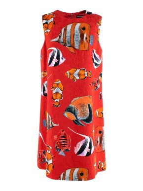 Dolce & Gabbana Red Tropical Fish Print Brocade Shift Dress