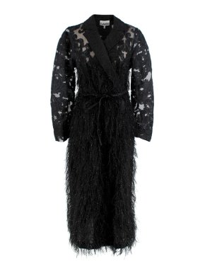 Ganni Black Brocade-Organza Feather Applique Dress Coat