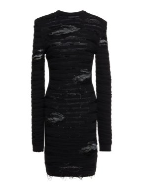 Balmain Black Distressed jacquard-knit mini dress