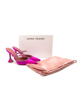 Amina Muaddi Gilda Pink Satin Crystal Embellished Mules
