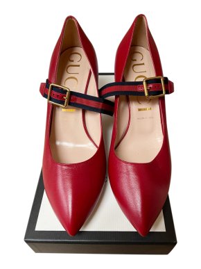 Gucci Red Leather Sylvie Strap Pumps