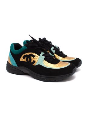 Chanel CC Logo Black, Turquoise & Gold Suede Trainers