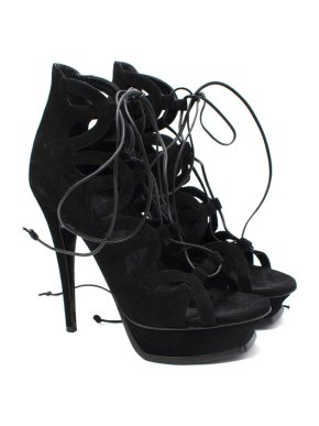 Saint Laurent Tribute Ghillie Black Suede Lace-Up Heeled Sandals