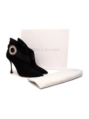 Manolo Blahnik Ankau Black Suede Crystal Embellished Heeled Booties