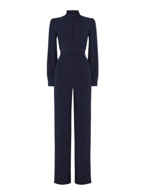 Goat Navy Long Sleeve Satin Trimmed Jumpsuit