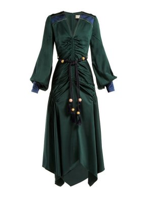 Peter Pilotto emerald green belted handkerchief-hem satin dress