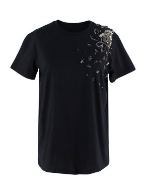 Prada Navy Cotton T-Shirt with Crystal Embellished Shoulder 1