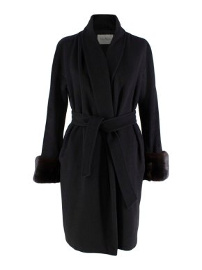 MaxMara Black Camel Hair Wrap Coat with Fur Cuffs 1