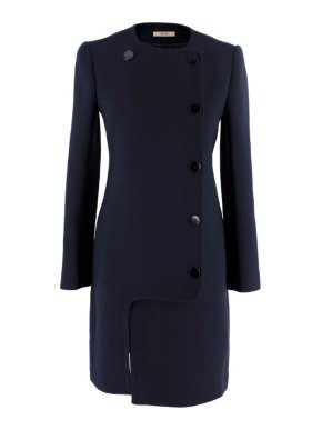 Celine Navy Wool Collarless Cut-Out Hem Coat