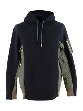 Sacai Navy Blue Hoodie with Khaki Insert Panels