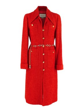 Gucci Red Boucle Tweed Dagger Collar Coat with Horsebit Chain Belt