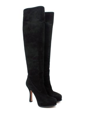 Prada Black Suede Platform Heeled Long Boots