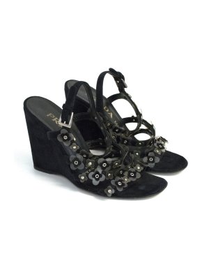 Prada black suede floral wedges