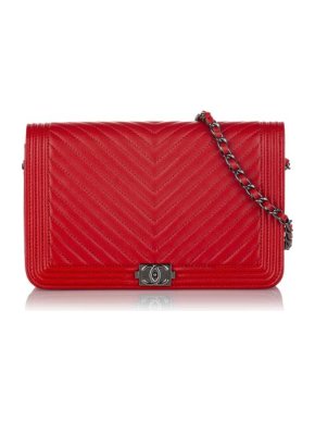 Chanel Red Lambskin Chevron Boy Wallet on Chain
