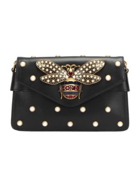 Gucci Black Leather Broadway Pearly Bee Embellished Crossbody Bag