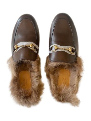 Gucci Brown Leather Fur Trimmed Princetown Loafers
