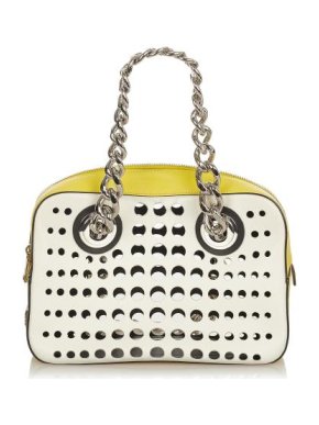 Prada White & Yellow City Fori Perforated Leather Bag