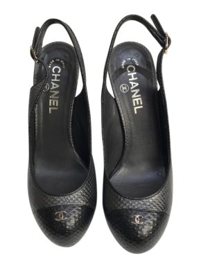 Chanel Grey & Black Textured Leather Slingback Heeled Pumps