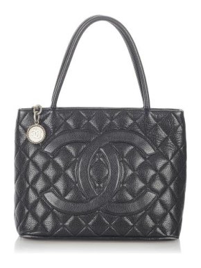 Chanel Vintage Medallion Black Caviar Leather Diamond Quilted Tote Bag