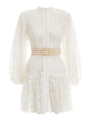 Zimmermann White Empire belted guipure-lace mini dress