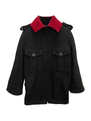 Chanel Black & Red Wool Parka Coat with Velvet Collar