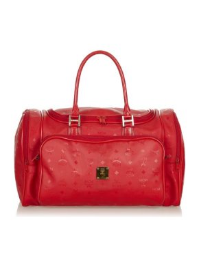 MCM Red Visetos Embossed Nylon Travel Bag