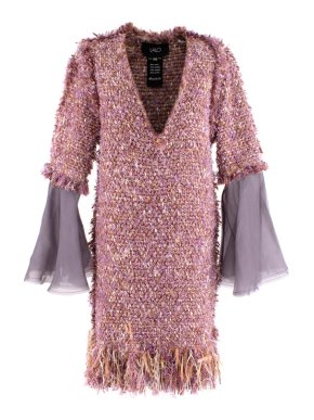 LALO Lilac Lurex Tweed Shift Dress with Chiffon Sleeves