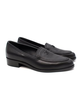 Chanel CC Logo Black Leather Loafers
