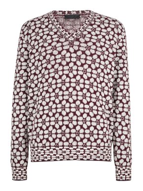 Prada Burgundy & White Cashmere Blend Floral Jacquard V-Neck Jumper