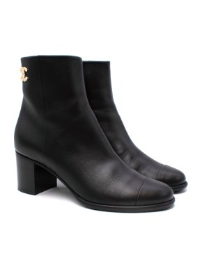 Chanel Black Leather Gold-Tone CC Logo Heeled Ankle Boots