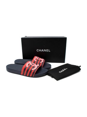 Chanel Navy & Red Striped CC Logo Rubber Sliders
