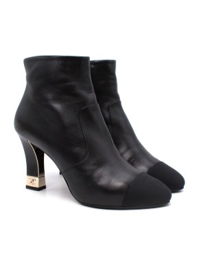 Chanel Black Leather & Grosgrain Toe Cap Heeled Booties