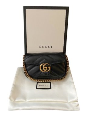 Gucci Black Leather GG Marmont Wallet on Chain