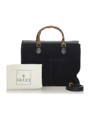 Gucci Vintage Black Suede Bamboo Top Handle Tote Bag