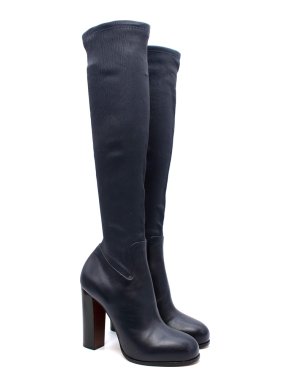 Celine Navy Blue Stretch Leather Long Block Heeled Boots