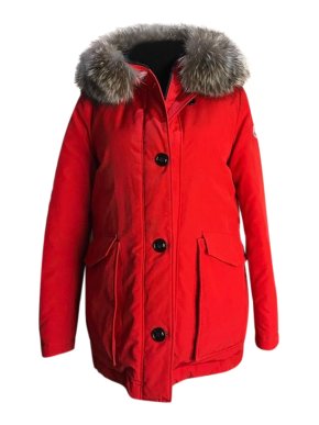 Moncler Red Down Filled Jacket with Fox Trimmed Hood